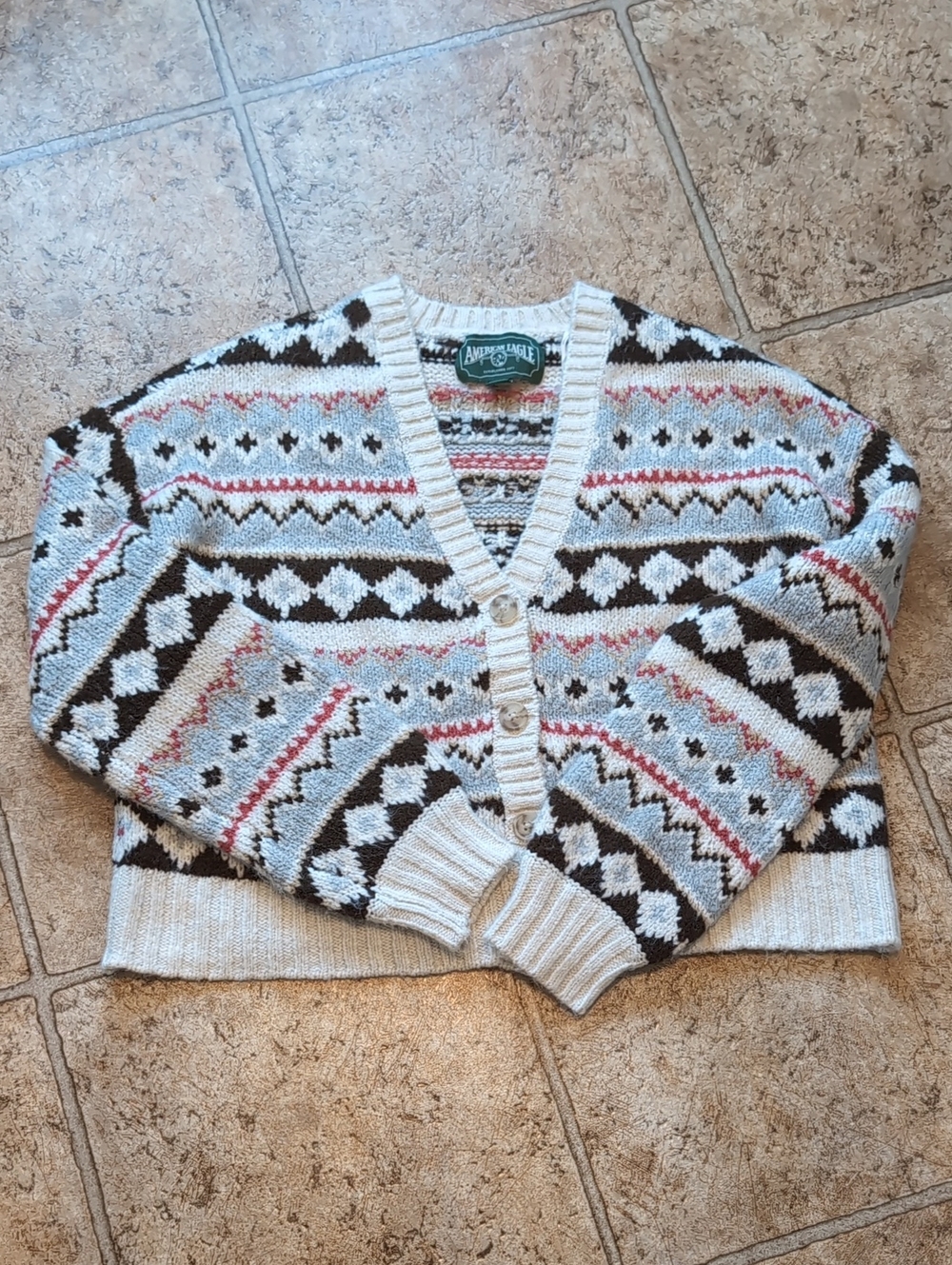 American Eagle Outfitters Cream Fair Isle Button-Up Sweater
